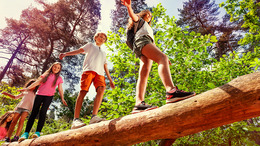 Auf dem Foto sieht man fünf Kinder, die über einem Baumstamm balancieren. Sie sind fröhlich und lachen.