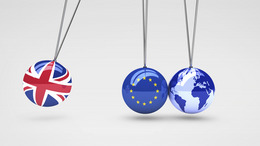Brexit effect and global business consequences concept with Union jack, EU flag an balls and world map globe 3D illustration